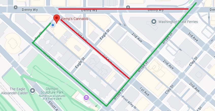 Belltown delivery route map showing the green route from Broad Street to Western Ave, then right on Bay Street to reach Kemp's Cannabis